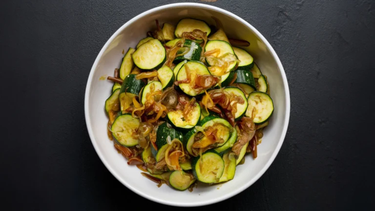 Image of a colorful zucchini stir-fry in a skillet, garnished with cilantro and a splash of lemon.