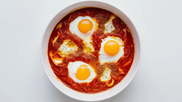 A skillet of shakshuka with poached eggs, tomato sauce, and bell peppers, garnished with herbs