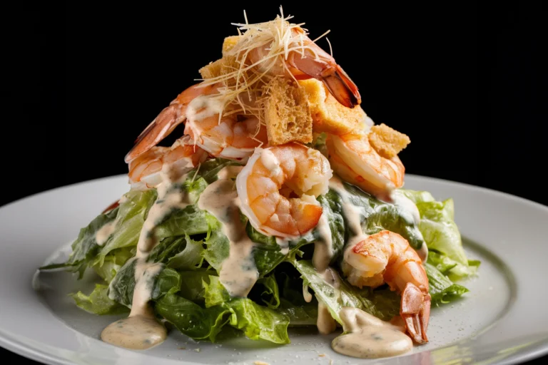 A close-up photo of a Shrimp Caesar Salad on a plate. The salad features romaine lettuce, cooked shrimp, cherry tomatoes, parmesan cheese shavings, and croutons drizzled with a creamy Caesar dressing.