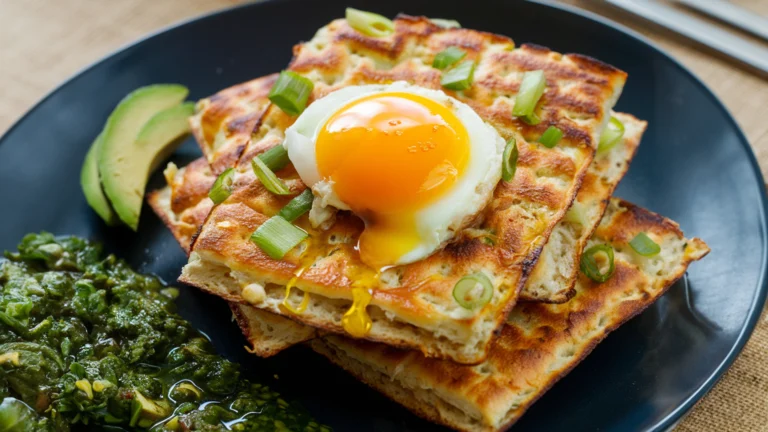 a close-up of a plate of food on a table. The food is a stack of waffles with a fried egg on top. The waffles are golden brown and fluffy, and the fried egg has a runny yolk. There is also a small amount of butter on the waffles, and a sprinkle of powdered sugar. In the background, you can see a bit of the table, which is made of light wood.