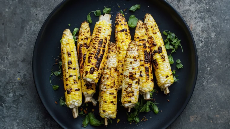 Image of grilled Mexican street corn with creamy sauce and cheese topping.