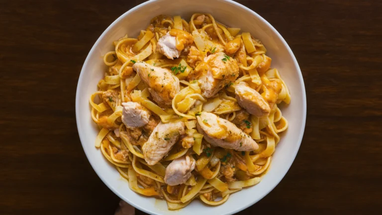 A plate of Olive Garden Chicken Scampi Pasta with angel hair, creamy sauce, and sliced bell peppers.