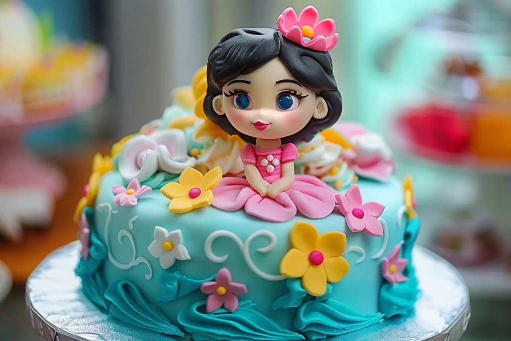 Fondant birthday cake with a girl figurine and floral decorations