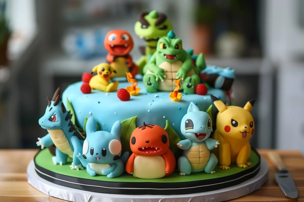 Blue fondant birthday cake with Pokémon characters