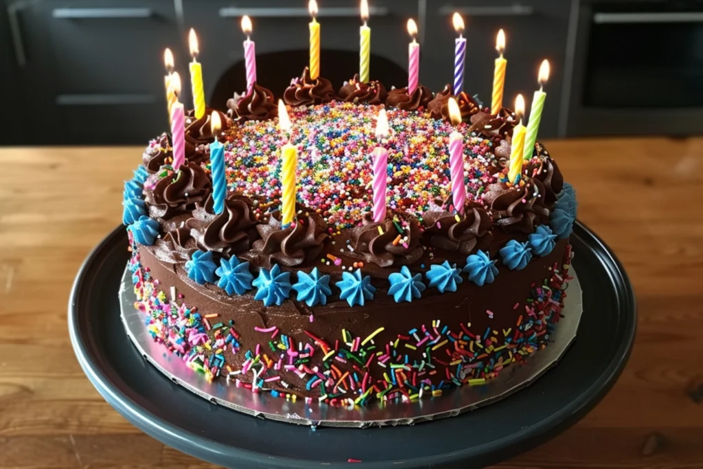 Chocolate birthday cake with colorful sprinkles and candles