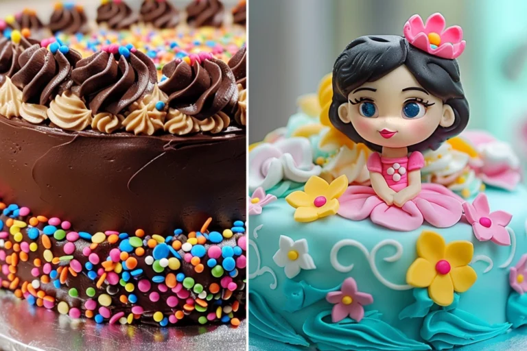 Two beautifully decorated birthday cakes: one with chocolate frosting and colorful sprinkles, the other with a fondant figure of a girl surrounded by flowers