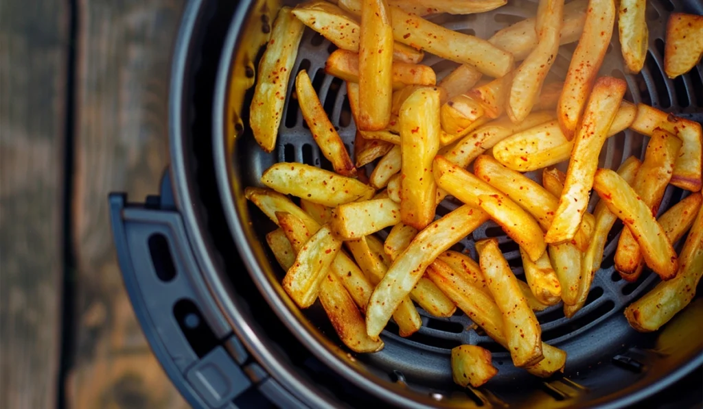 Air fryer with fries next to an image of a kitchen on fire, highlighting the potential risks of improper appliance use