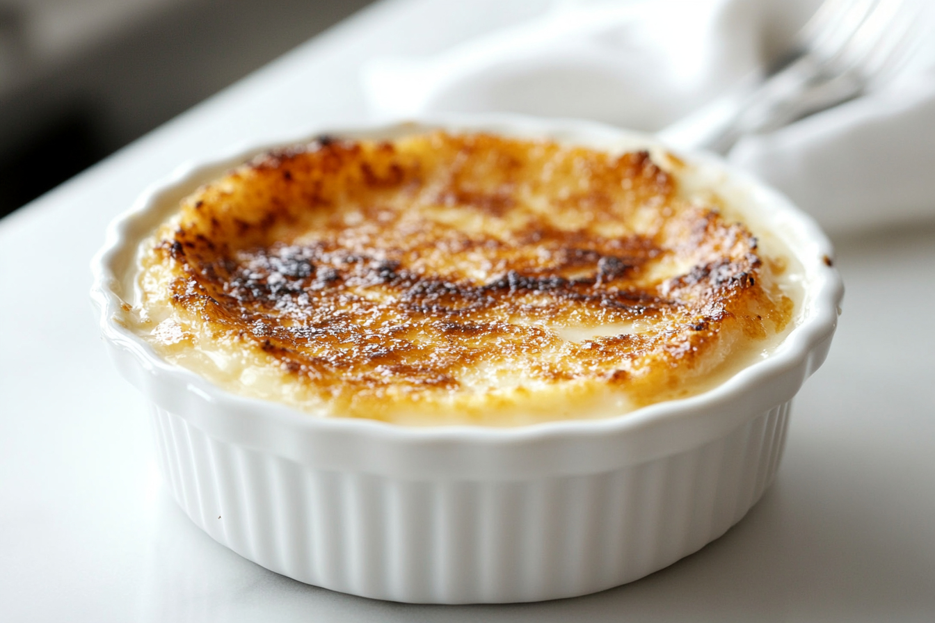 A white ramekin filled with a creamy custard topped with a caramelized sugar crust