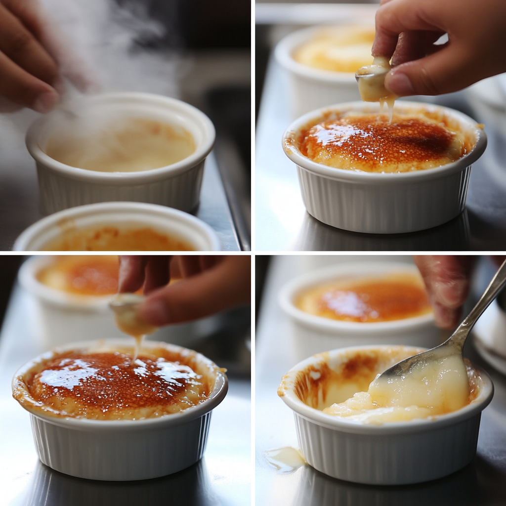 A close-up of four stages of making crab brûlée: steaming custard, adding sugar, caramelizing sugar with a torch, and scooping out the custard.