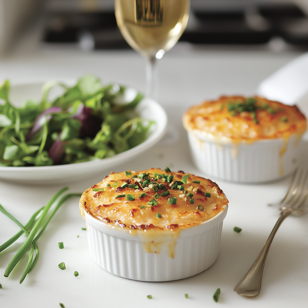 Two white ramekins filled with creamy crab mixture, topped with a golden caramelized sugar crust. A plate of green salad and a glass of white wine are also visible