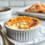 A small white ramekin filled with a creamy custard topped with a caramelized sugar crust.