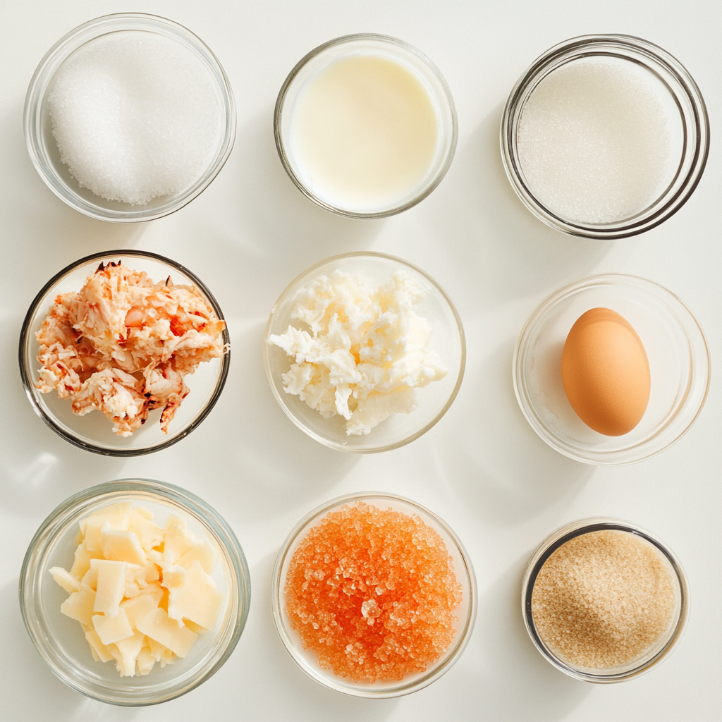 A top-down view of a white surface with nine glass bowls containing various ingredients for a crab brulee recipe.