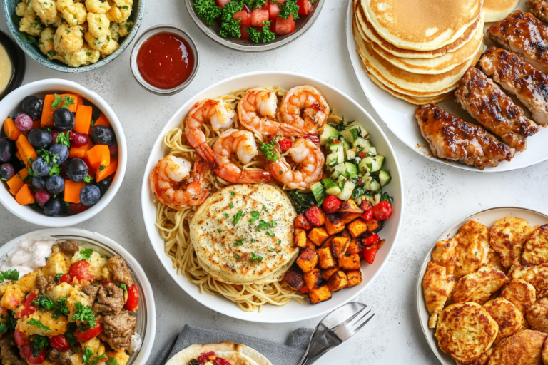 Flat lay image featuring garlic shrimp pasta, fluffy pancakes, beef and cheese empanadas, Cajun stuffed chicken, and sweet potato breakfast burritos on a bright kitchen countertop.